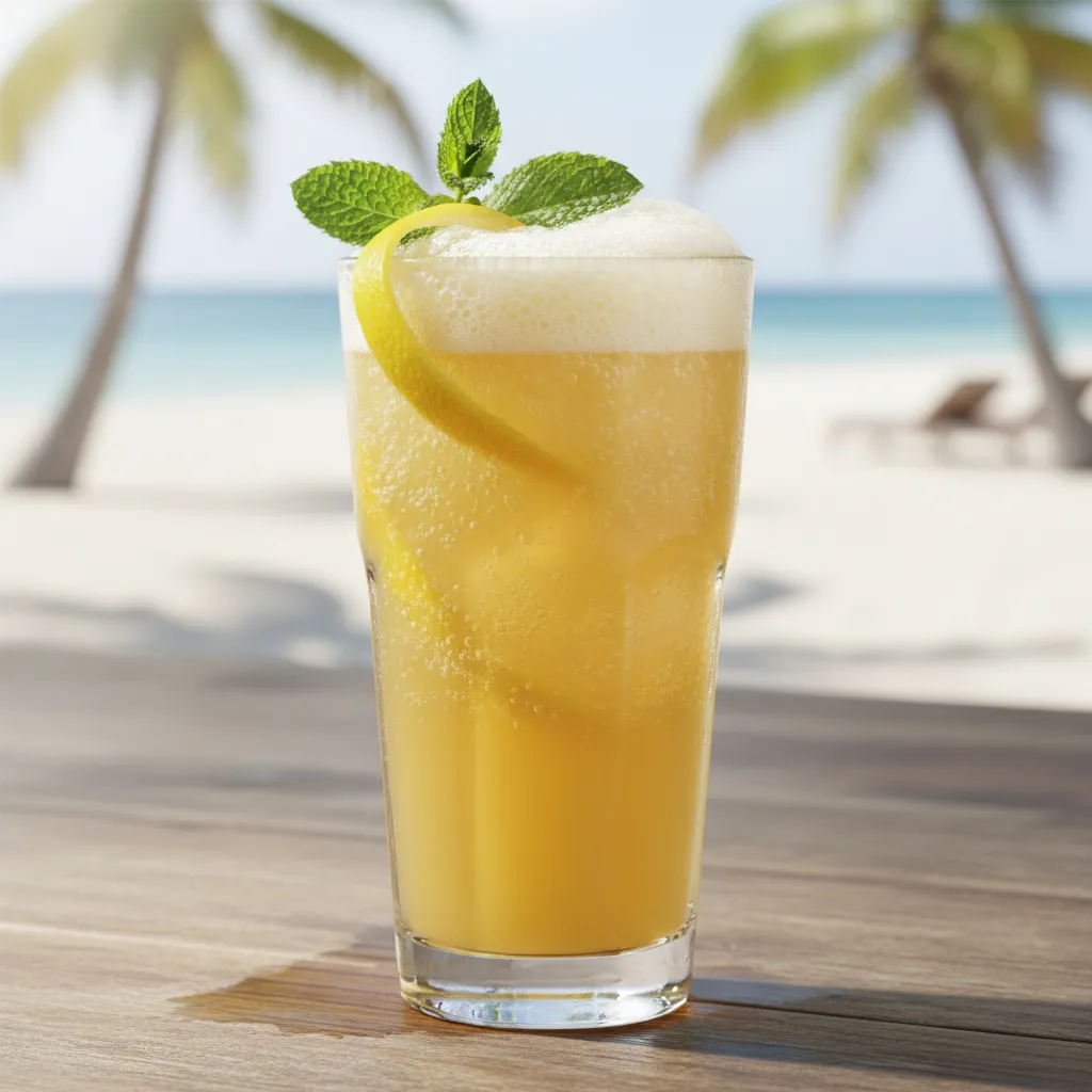 A sparkling mango and ginger non alcoholic cocktail on a sunny beach