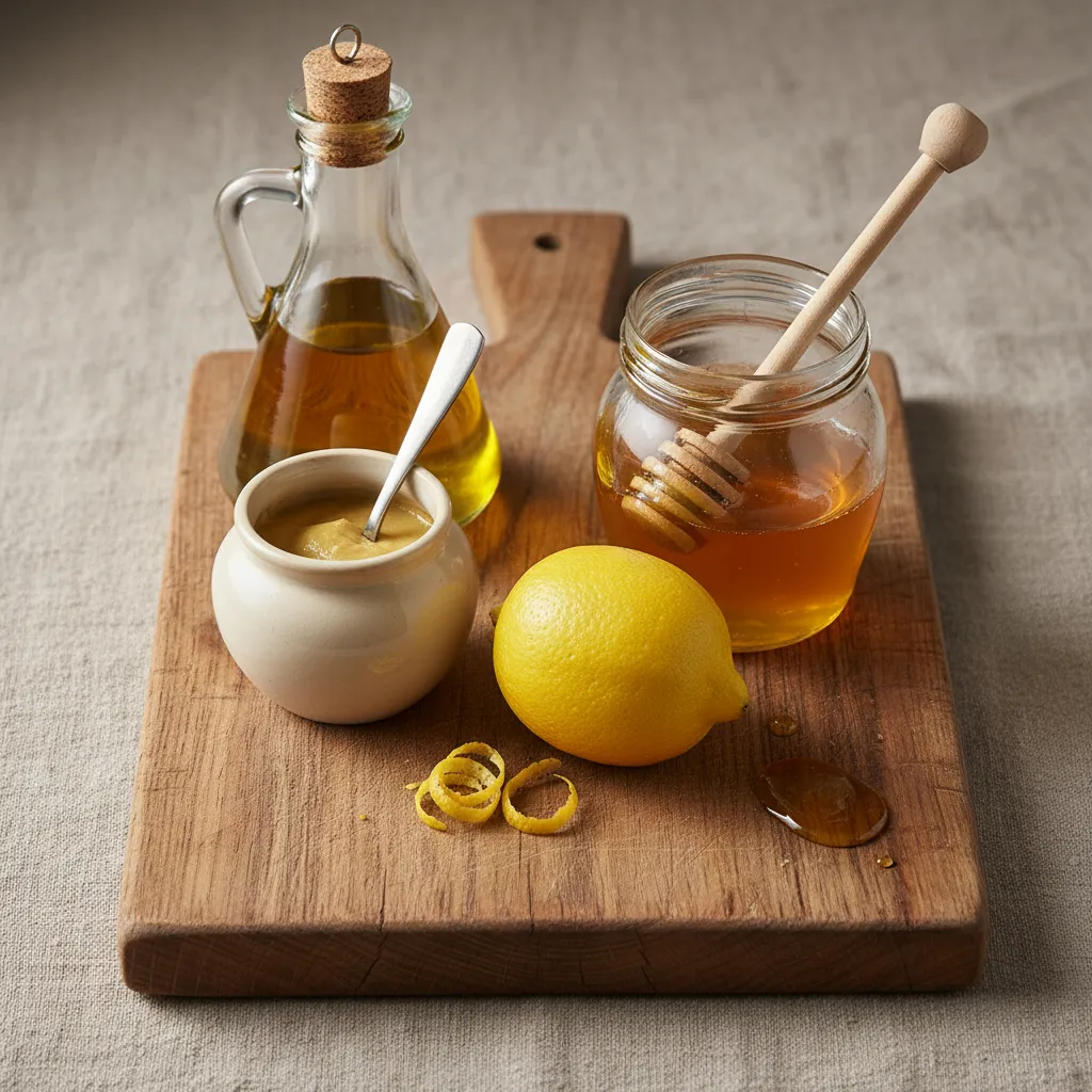 Olive oil, mustard, and honey arranged on a rustic wooden cutting board