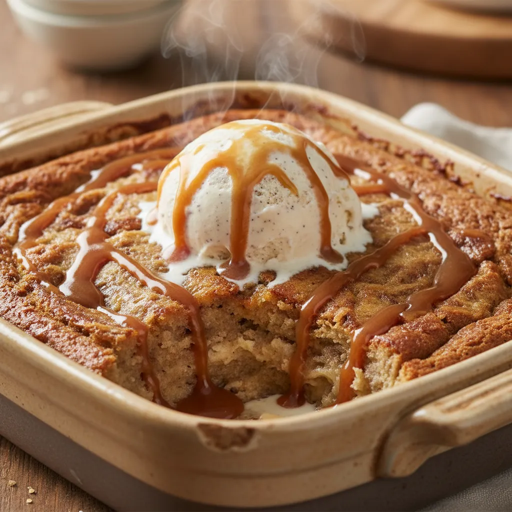 Warm banana bread pudding baked in a ceramic dish