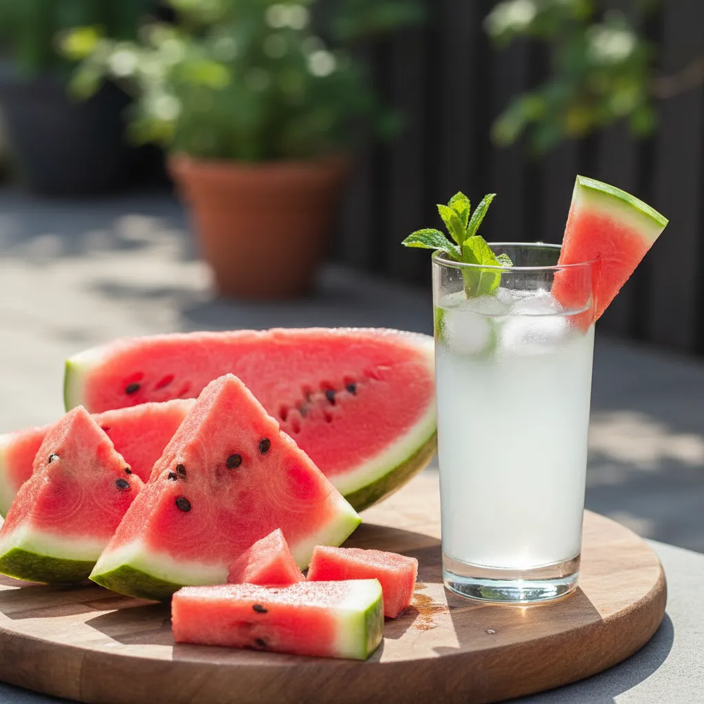 Sliced watermelon and a glass of coconut water
