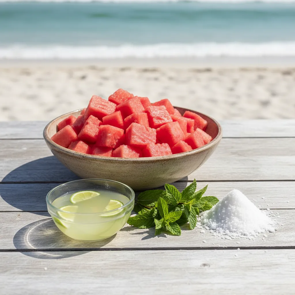Cubed watermelon, mint, lime juice, and sea salt prepared for a recipe
