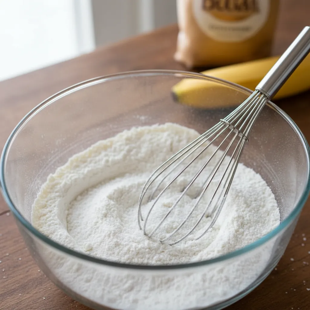 Whisking flour and leavening agents in a glass bowl