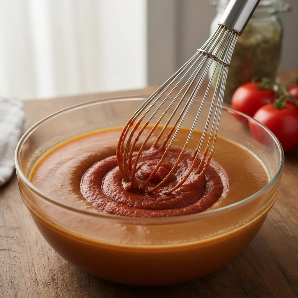 Whisking tomato paste with broth to make a thickening slurry