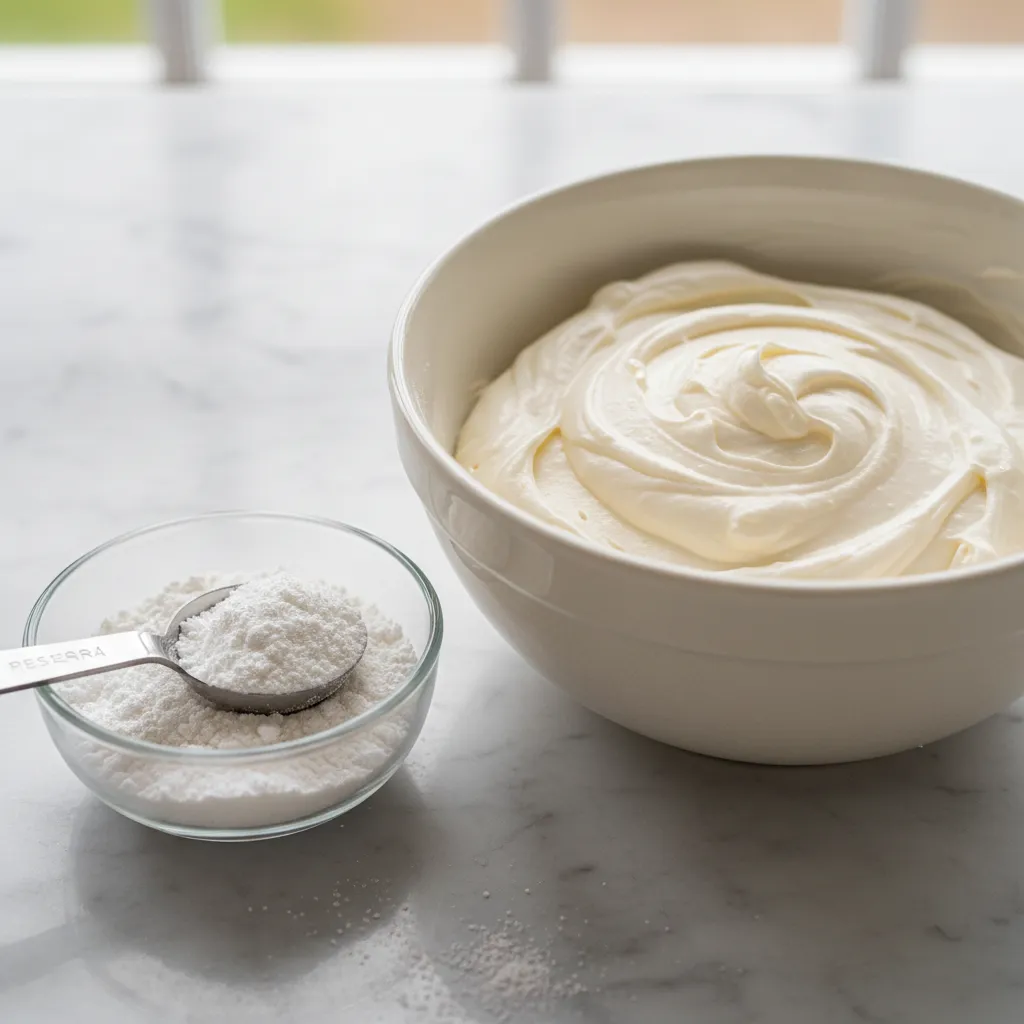 A measuring spoon scooping white meringue powder next to a bowl of frosting