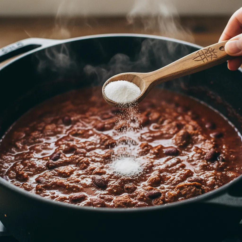A small pinch of xanthan gum powder held above a pot of hot chili